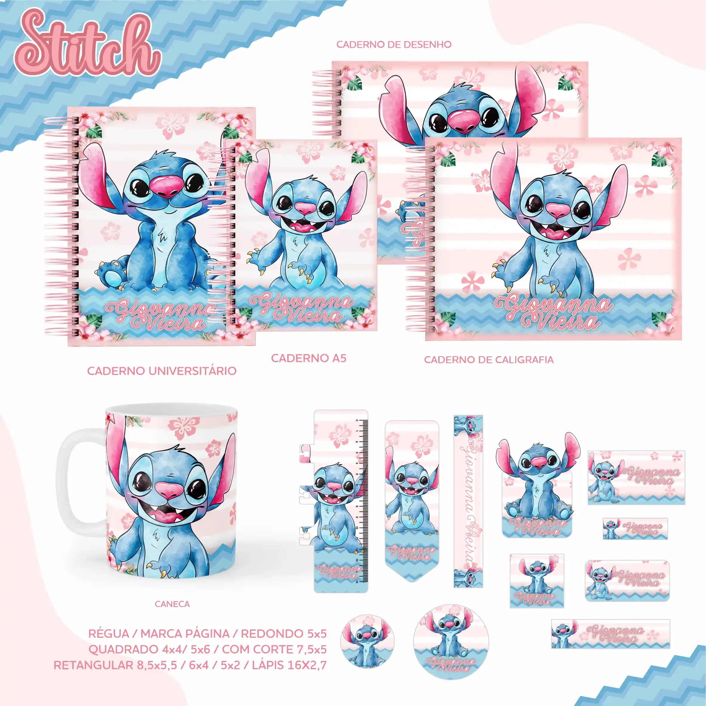 Conjunto de rótulos adesivos escolares em tamanhos variados com o carismático personagem Stitch azul exibindo um sorriso divertido e grandes orelhas em fundo tropical azul-turquesa com flores de hibisco, mostrando linhas de contorno em arquivo digital de corte.