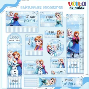 Conjunto de rótulos adesivos em tamanhos variados para identificação de materiais com as personagens Elsa e Anna em pose alegre sob um fundo com flocos de neve e detalhes cintilantes, exibindo linhas de contorno em arquivo digital de corte.