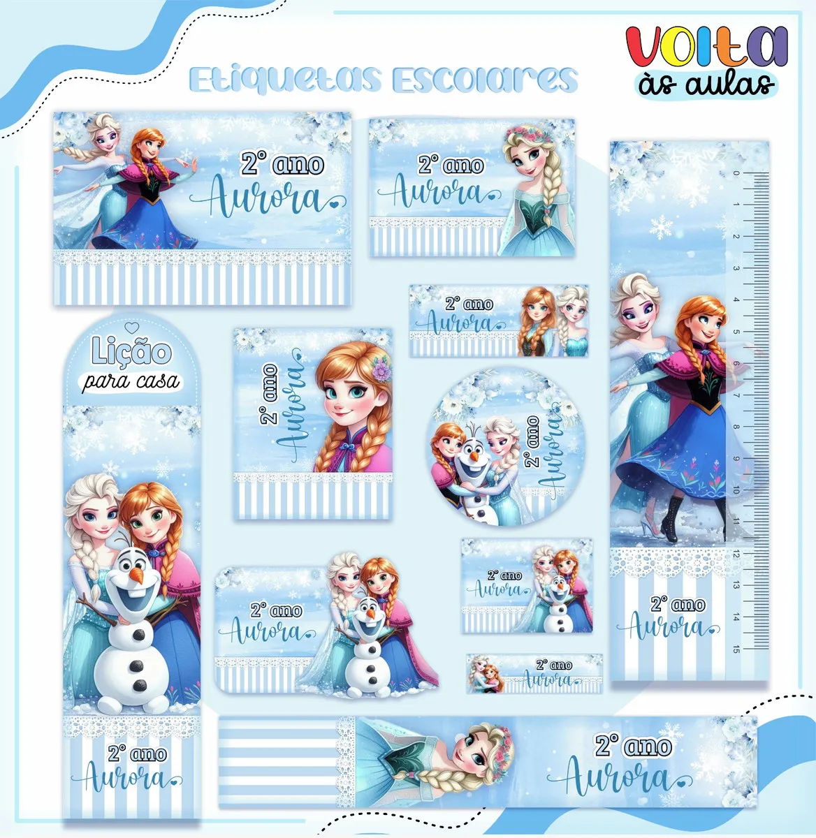 Conjunto de rótulos adesivos em tamanhos variados para identificação de materiais com as personagens Elsa e Anna em pose alegre sob um fundo com flocos de neve e detalhes cintilantes, exibindo linhas de contorno em arquivo digital de corte.