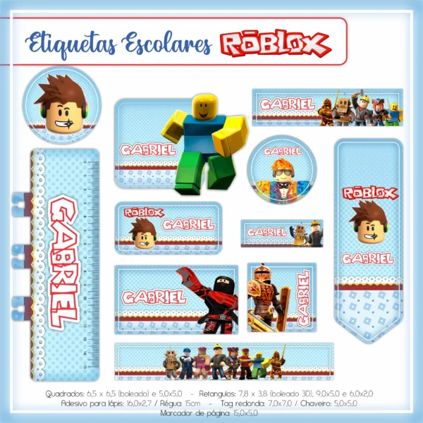 Conjunto de rótulos adesivos escolares em tamanhos variados com avatares e blocos clássicos do jogo Roblox em fundo pixelado moderno com tons de azul e roxo, exibindo linhas de contorno em arquivo digital de corte.