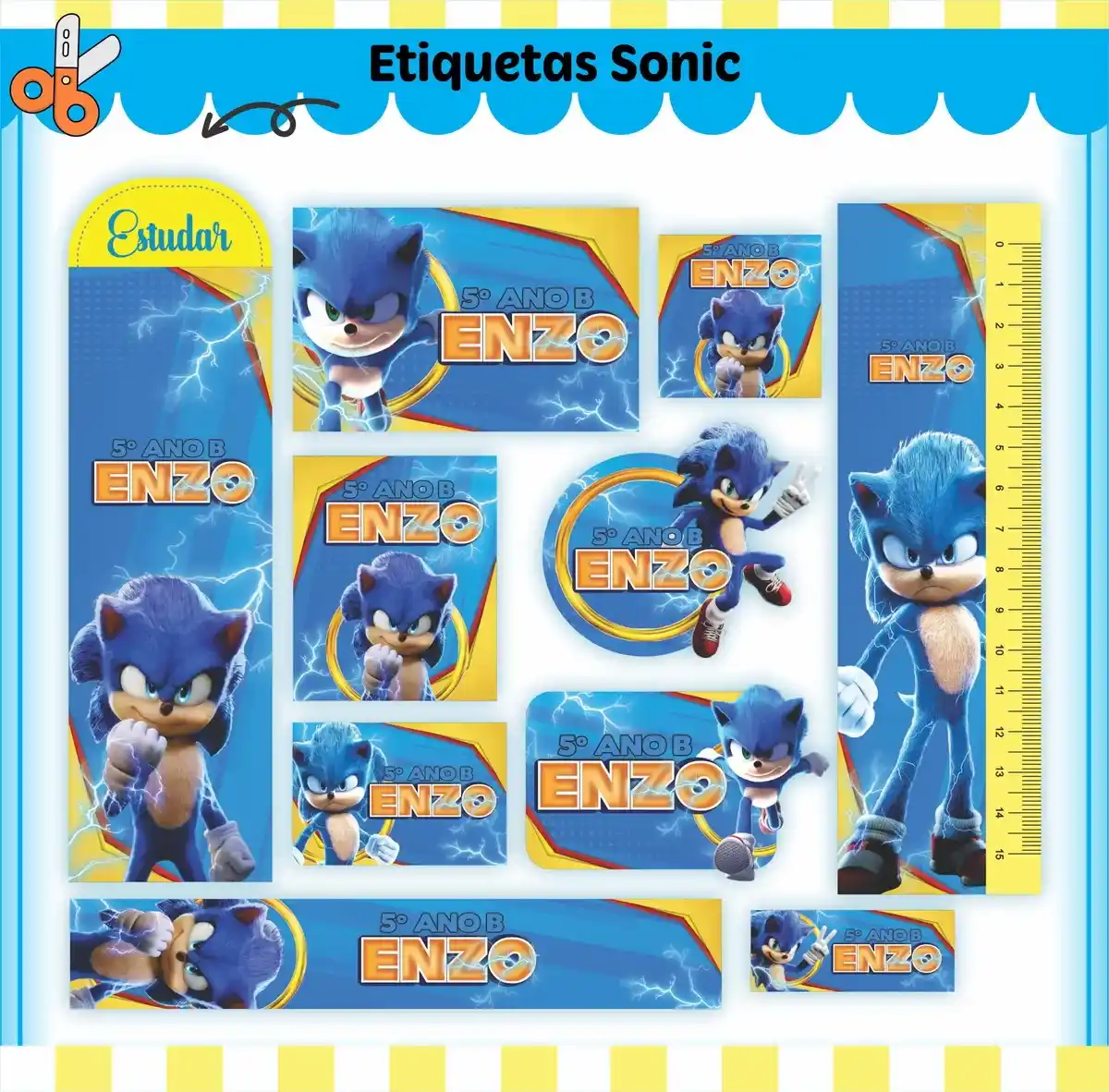 Etiqueta escolar sonic para editar e imprimir