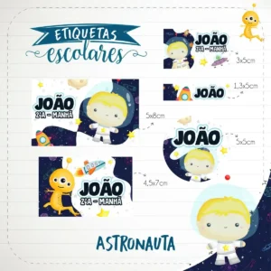 Alternativo: Conjunto de rótulos adesivos escolares em tamanhos variados com um simpático astronauta flutuando no espaço sideral próximo a planetas coloridos, estrelas brilhantes e foguetes, exibindo linhas de contorno em arquivo digital de corte.