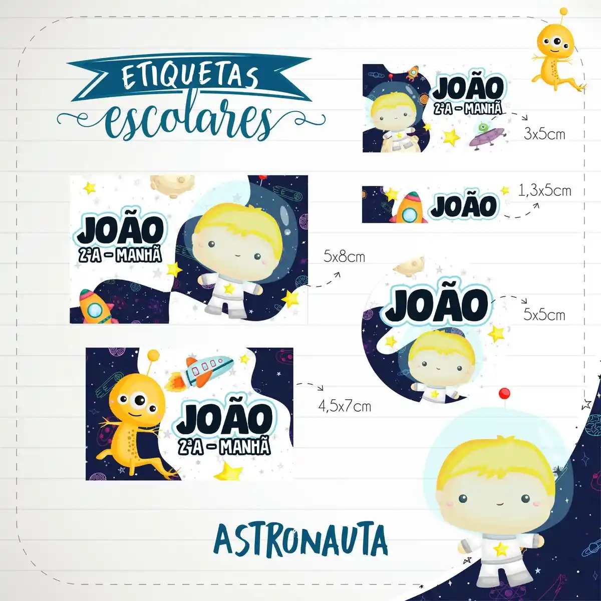 Alternativo: Conjunto de rótulos adesivos escolares em tamanhos variados com um simpático astronauta flutuando no espaço sideral próximo a planetas coloridos, estrelas brilhantes e foguetes, exibindo linhas de contorno em arquivo digital de corte.