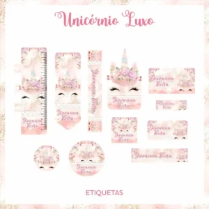 Conjunto de rótulos adesivos para organização escolar em tamanhos variados com um unicórnio fofo de crina arco-íris, nuvens e estrelas brilhantes em fundo pastel degradê, contendo guias de corte em arquivo digital de corte.