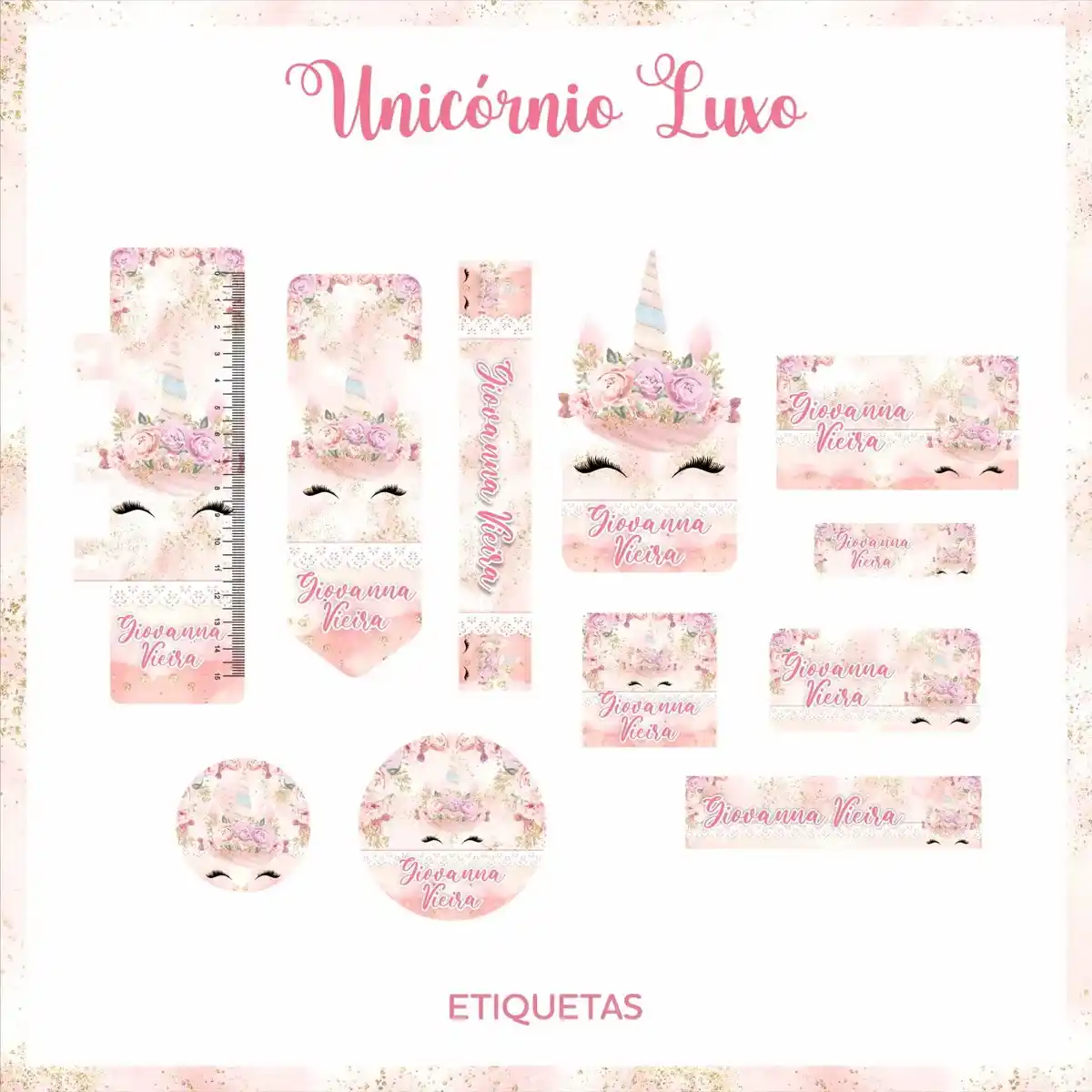 Conjunto de rótulos adesivos para organização escolar em tamanhos variados com um unicórnio fofo de crina arco-íris, nuvens e estrelas brilhantes em fundo pastel degradê, contendo guias de corte em arquivo digital de corte.