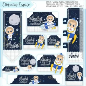 Conjunto de rótulos adesivos escolares em tamanhos variados com um simpático astronauta flutuando no espaço sideral próximo a planetas coloridos, estrelas brilhantes e foguetes, exibindo linhas de contorno em arquivo digital de corte.