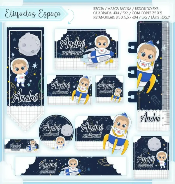Conjunto de rótulos adesivos escolares em tamanhos variados com um simpático astronauta flutuando no espaço sideral próximo a planetas coloridos, estrelas brilhantes e foguetes, exibindo linhas de contorno em arquivo digital de corte.
