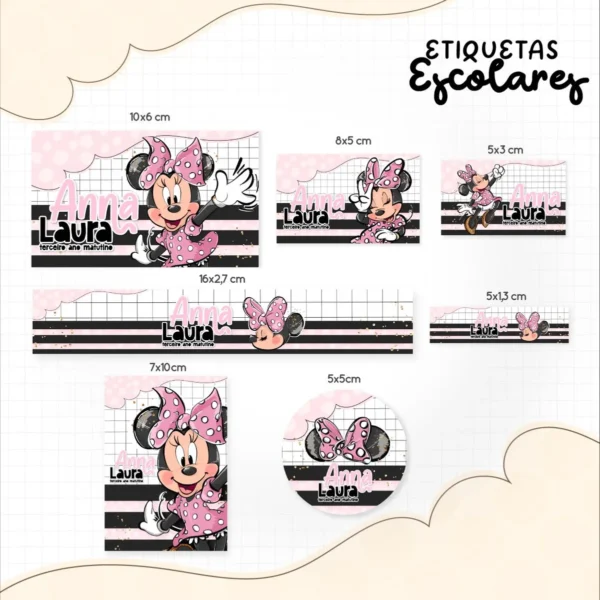 Conjunto de rótulos adesivos escolares em tamanhos variados com a personagem Minnie Mouse de vestido rosa com poás brancos e seu lindo laço combinando, em fundo suave com corações e linhas de contorno em arquivo digital de corte.