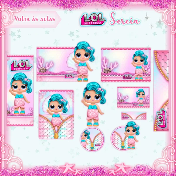 Conjunto de rótulos adesivos em tamanhos ideais para cadernos com as bonecas Lol Surprise estilosas em posições divertidas sobre um fundo colorido com estrelas e listras pastel, exibindo linhas de contorno em arquivo digital de corte.