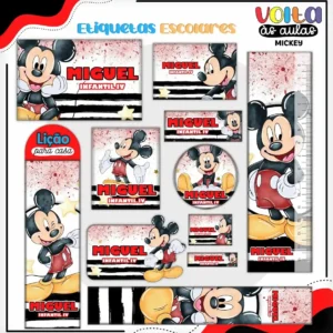 Alternativo: Conjunto de rótulos adesivos em tamanhos ideais para cadernos com o carismático personagem Mickey Mouse acenando de forma alegre sobre um fundo decorado com as orelhas clássicas e cores vibrantes, exibindo linhas de contorno em arquivo digital de corte.