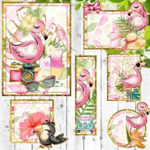 Gabarito digital de etiquetas personalizadas com ilustrações de flamingos rosados, folhagens tropicais e abacaxis dourados, exibindo as linhas estruturadas de contorno e camadas para recorte na Silhouette.