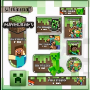 Gabarito digital de rótulos adesivos escolares com padrão de blocos pixelados verde e marrom no tema Minecraft, exibindo as linhas estruturadas de contorno e marcações de tamanho para recorte.