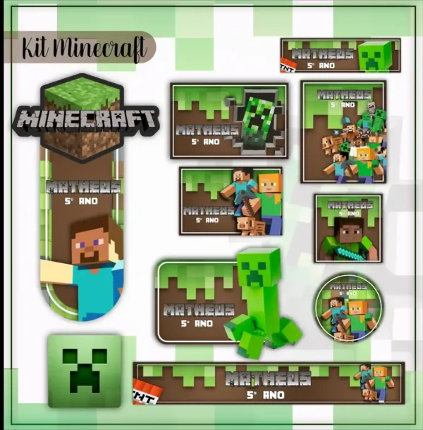 Gabarito digital de rótulos adesivos escolares com padrão de blocos pixelados verde e marrom no tema Minecraft, exibindo as linhas estruturadas de contorno e marcações de tamanho para recorte.