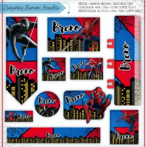 Alternativo: Gabarito digital de rótulos adesivos escolares com o herói Homem Aranha em pose de combate, com detalhes de teias de aranha em fundo vermelho e azul, exibindo contornos de recorte precisos no arquivo digital.