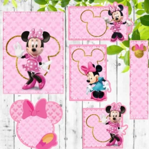 Conjunto de rótulos adesivos escolares em tamanhos variados com a personagem Minnie Mouse em poses delicadas usando seu vestido rosa de poás brancos sobre um fundo suave e feminino, exibindo as linhas de contorno em arquivo digital de corte.