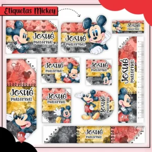 Conjunto de rótulos adesivos escolares em tamanhos variados com o clássico personagem Mickey Mouse acenando alegremente em um fundo decorado com listras e estrelas nas cores amarelo, vermelho e preto, exibindo linhas de contorno em arquivo digital de corte.