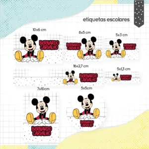 Conjunto de rótulos adesivos em tamanhos variados para identificação de materiais com as icônicas orelhas do Mickey Mouse, silhuetas clássicas e padrões coloridos nas cores vermelho, amarelo e preto, exibindo linhas de contorno em arquivo digital de corte.