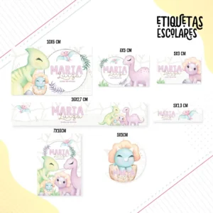 Conjunto de rótulos adesivos escolares em tamanhos variados com dinossauros fofos e coloridos, como um tiranossauro rex e um tricerátops, sobre um fundo dinâmico em tons de verde e terra com folhagens tropicais e pegadas, exibindo linhas de contorno em arquivo digital de corte.