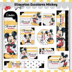Conjunto de rótulos adesivos em tamanhos variados para identificação com o personagem Mickey Mouse exibindo seu clássico sorriso em um fundo moderno com silhuetas de suas orelhas e padrões de poás, mostrando linhas de contorno em arquivo digital de corte.