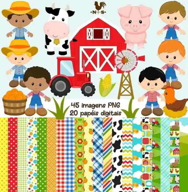 Pack de arquivos digitais do tema fazendinha exibindo amostras de papéis estampados com texturas de celeiro, cercas e cliparts em formato PNG de alta definição com animais do campo.