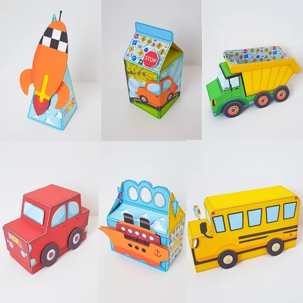 Kit de personalizados e topper de bolo com carros, aviões e trens para decoração de festa infantil em arquivo digital.
