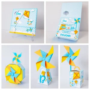 Kit digital de decoração para festas com topper de bolo e temas lúdicos de Pipas e Cataventos ao vento.