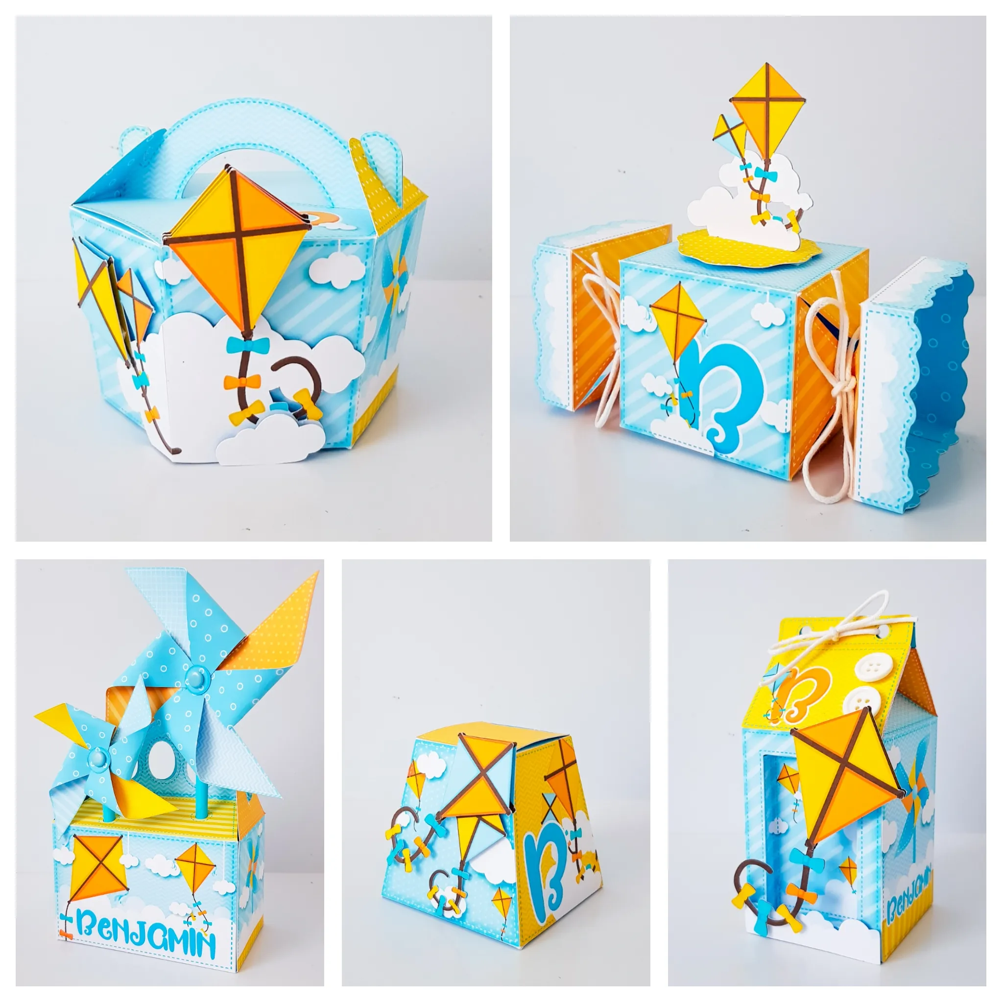 Kit de personalizados e topper de bolo com pipas coloridas, cataventos e nuvens para decoração de festa infantil em arquivo digital de corte.