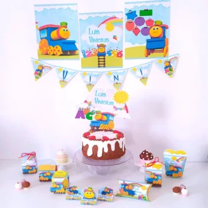 Kit de personalizados e topper de bolo com o simpático Bob o Trem e vagões coloridos para decoração de festa infantil em arquivo digital de corte.
