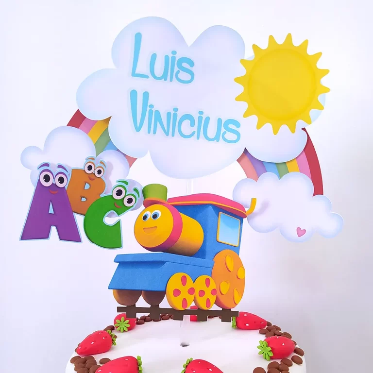 Kit digital de decoração para festas com topper de bolo e temas lúdicos do trenzinho animado Bob o Trem.
