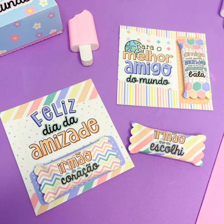 Enfeites e caixas de presente no tema Dia do Amigo nos formatos Studio, PNG e PDF.