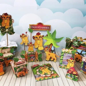 Kit de personalizados e topper de bolo com o Kion e a Guarda do Leão para decoração de festa infantil em arquivo digital.