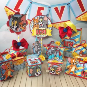 Kit digital de personalizados para festa infantil no tema Tom e Jerry nos formatos Silhouette Studio, PNG e PDF.