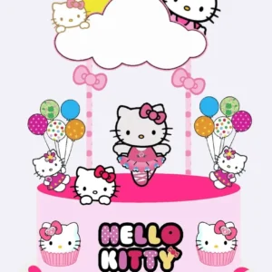Topper de bolo com a personagem Hello Kitty usando seu clássico laço vermelho, rodeada por flores e corações em camadas tridimensionais para decoração de festa infantil em arquivo digital de corte.