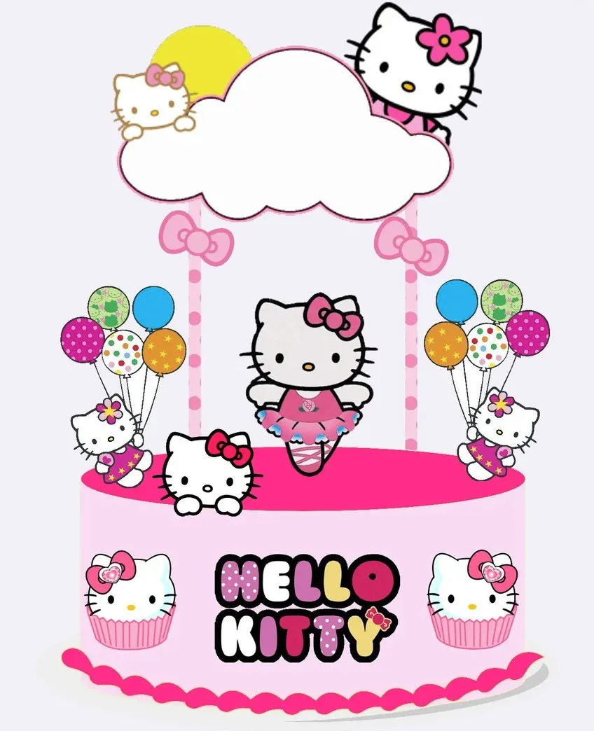 Topper de bolo com a personagem Hello Kitty usando seu clássico laço vermelho, rodeada por flores e corações em camadas tridimensionais para decoração de festa infantil em arquivo digital de corte.