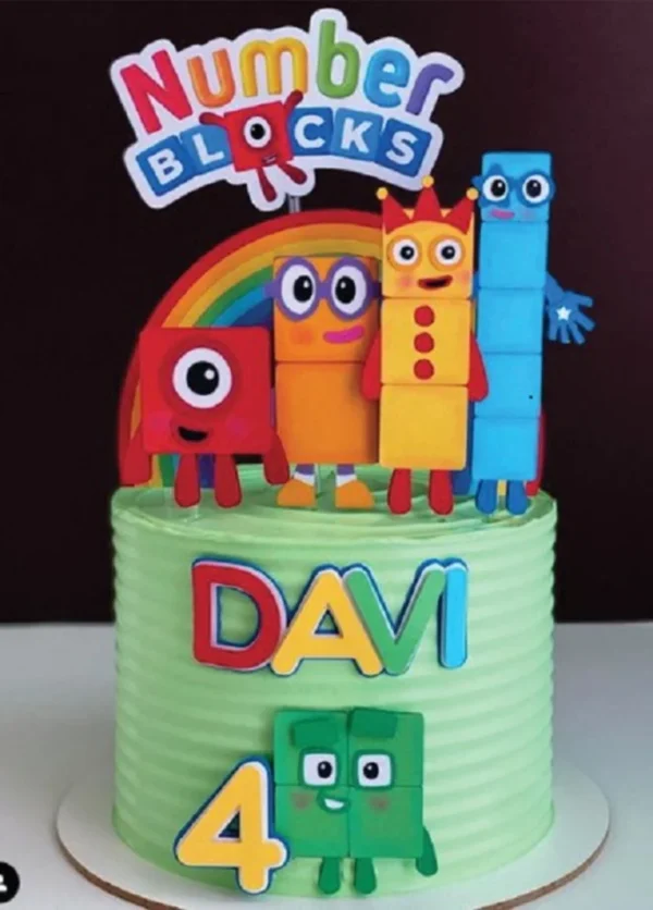 Topo de bolo personalizado com os blocos numéricos do tema Numberblocks para decoração de festas infantis.