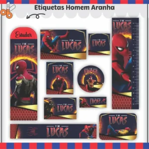 Gabarito digital de rótulo adesivo escolar personalizado com o herói Homem Aranha em pose de ação soltando teias, cercado por texturas de teias e fundo urbano, exibindo linhas de contorno precisas para recorte.