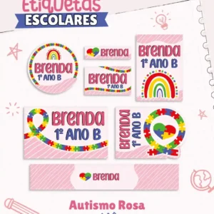 Kit com vários tamanhos de adesivos escolares temáticos do autismo dispostos em uma cartela, exibindo estampas coordenadas com laços da consciência e blocos coloridos.