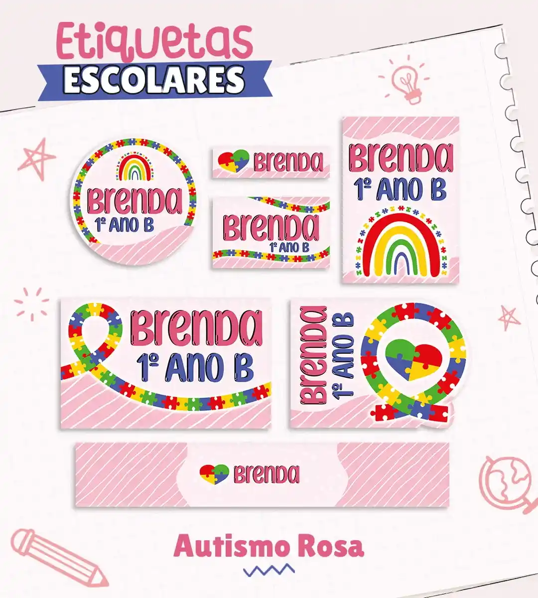 Kit com vários tamanhos de adesivos escolares temáticos do autismo dispostos em uma cartela, exibindo estampas coordenadas com laços da consciência e blocos coloridos.