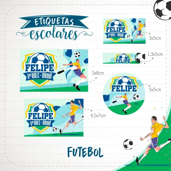 Kit de adesivos escolares personalizados com estampa de futebol e bola para identificação completa de materiais.