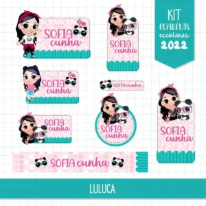 Kit de adesivos personalizados no tema Luluca para organização de materiais escolares e cadernos.