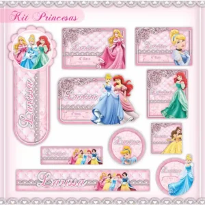 Cartela de etiquetas adesivas personalizadas para material escolar com o tema Princesas Disney, exibindo molduras delicadas com carruagens, coroas e as personagens em trajes clássicos com campos para nome.