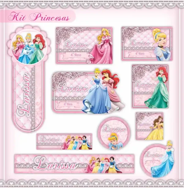 Cartela de etiquetas adesivas personalizadas para material escolar com o tema Princesas Disney, exibindo molduras delicadas com carruagens, coroas e as personagens em trajes clássicos com campos para nome.