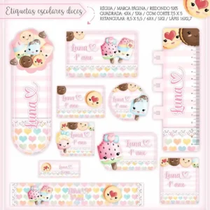 Kit de adesivos escolares personalizados com ilustrações de doces, cupcakes e pirulitos em tons candy color para identificação de materiais.