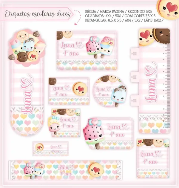 Kit de adesivos escolares personalizados com ilustrações de doces, cupcakes e pirulitos em tons candy color para identificação de materiais.