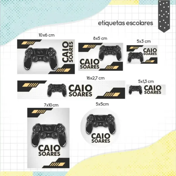 Kit de adesivos personalizados para material escolar com tema de video game e elementos de jogos para decoração e festas.