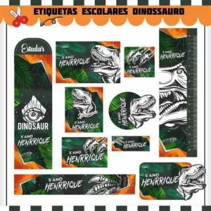 Conjunto de rótulos adesivos escolares em tamanhos variados com um feroz e divertido Dinossauro Tiranossauro Rex verde sorrindo sobre um fundo dinâmico com pegadas, folhagens tropicais e detalhes de selva, exibindo linhas de contorno em arquivo digital de corte.