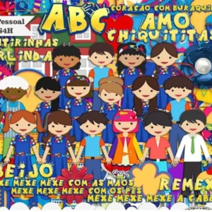 Kit de arquivos digitais do tema Chiquititas exibindo amostras de papéis estampados com corações e estrelas, além de cliparts em formato PNG com elementos e símbolos da novela em alta definição.
