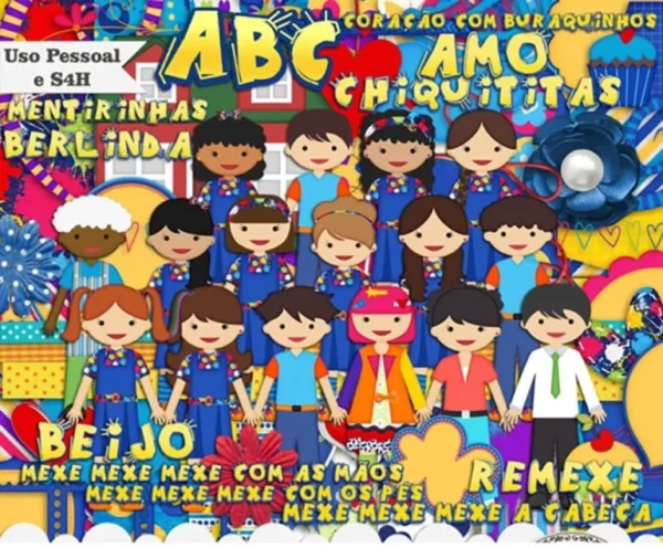 Kit de arquivos digitais do tema Chiquititas exibindo amostras de papéis estampados com corações e estrelas, além de cliparts em formato PNG com elementos e símbolos da novela em alta definição.