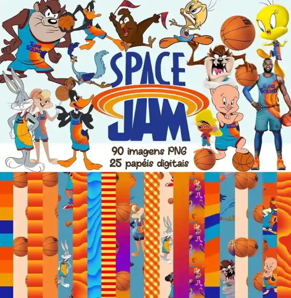 Kit de imagens digitais do tema Space Jam exibindo amostras de papéis texturizados com elementos de basquete e galáxia, além de cliparts em formato PNG com fundo transparente.