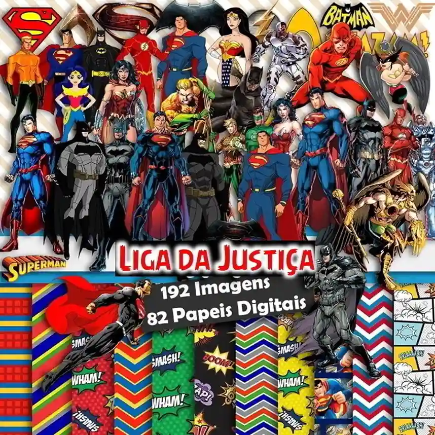 Kit digital da Liga da Justiça exibindo amostras de papéis digitais com estampas geométricas, estrelas e logos dos heróis, além de cliparts em alta resolução do Superman, Batman, Mulher-Maravilha e Flash.